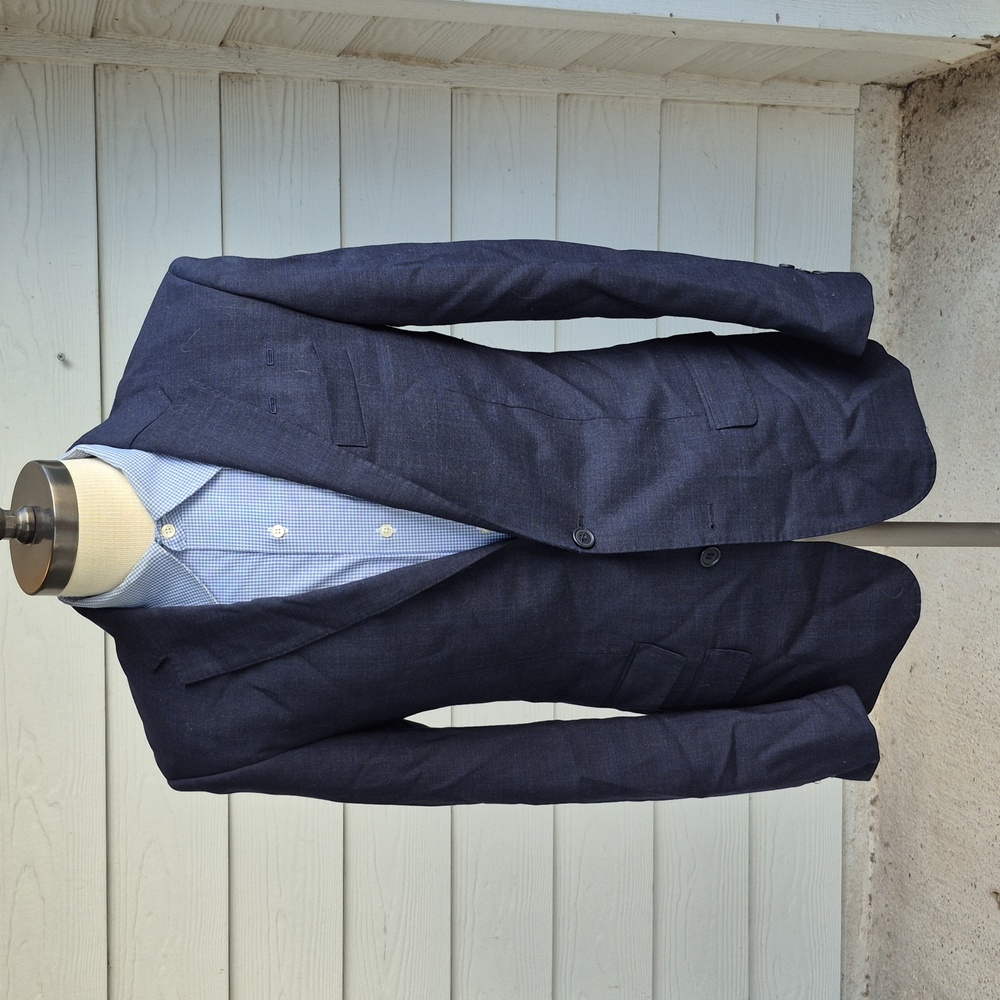 STAN HERMAN x JetBlue Dark Grey Blue Modest Plaid Wool Blend Sz 36 R Sport Coat